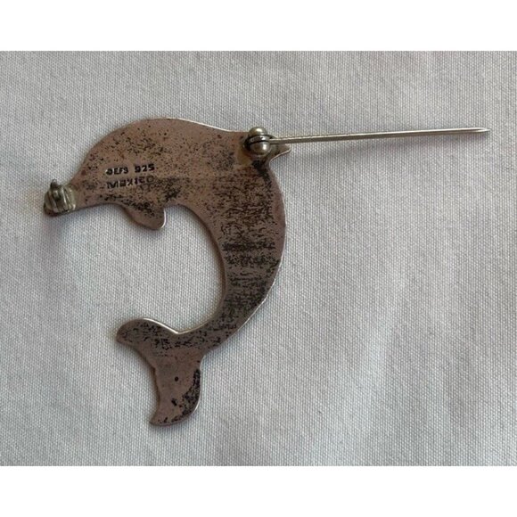 EFS Mexican Silver Dolphin Pin, Dolphin Small Heart Pin, Sterling Silver Sz 1.5” - Picture 5 of 7
